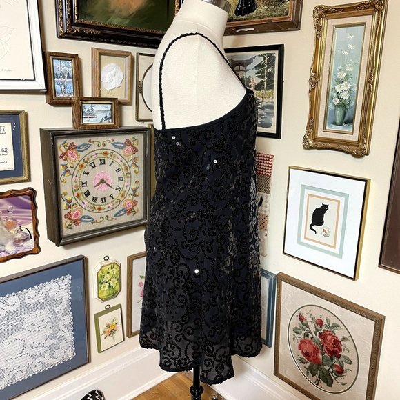 90s Vintage Liz Claiborne Black Crepe Sleeveless Slip Dress with Sequins Size 12 - Picture 2 of 7